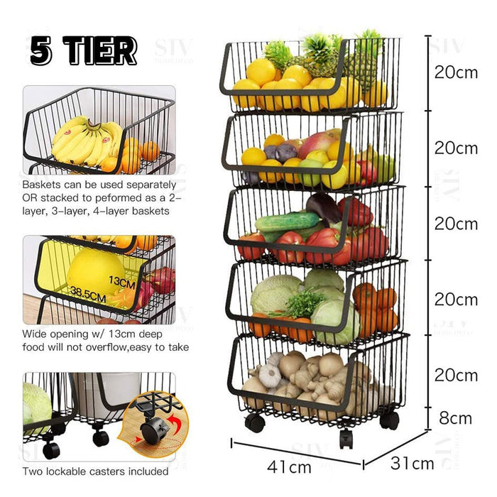 Cindy 2/3/4/5 Layer  Kitchen Bakeset Rack  With Wheels Stainless Steel Cart Rak Dapur With Stackable Basket