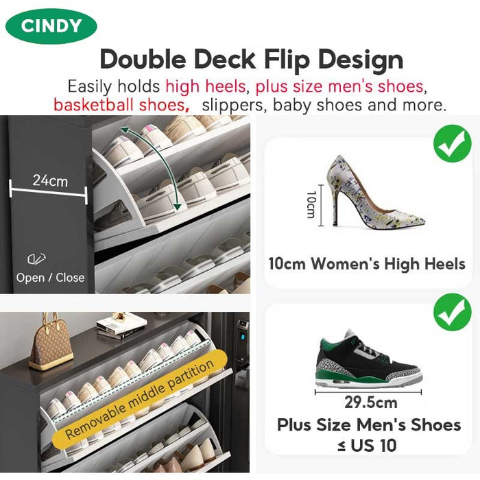 ?COD?Nordic Double Flip Shoe Cabinet Wooden Shoe Organizer With Drawer Storage Cabinet Golden Edge Large Capacity Kabinet Kasut Kayu Mewa