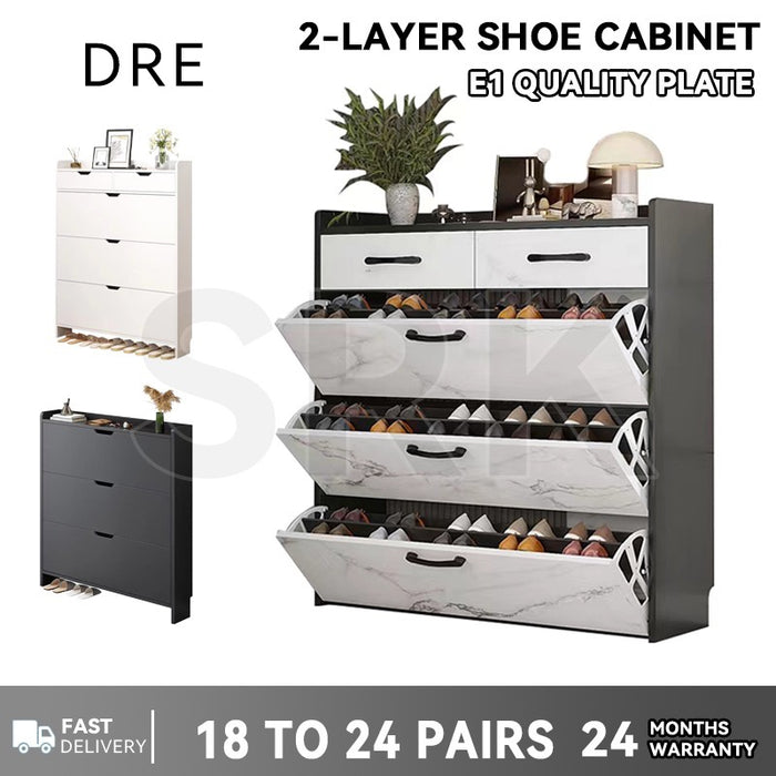 ?COD?Nordic Double Flip Shoe Cabinet Wooden Shoe Organizer With Drawer Storage Cabinet Golden Edge Large Capacity Kabinet Kasut Kayu Mewa